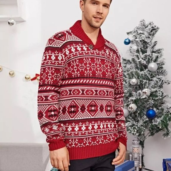 Red Christmas Sweater for Men Fair Isle Knitted Sweater - Full Sleeve Collared - Picture 9 of 11
